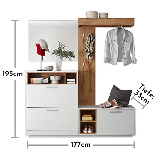 MILANO Kompaktgarderobe in Weiß, Wildeiche Optik - Modernes Flurgarderoben Set mit Spiegel für Ihren Eingangsbereich - 177 x 195 x 32 cm (B/H/T)
