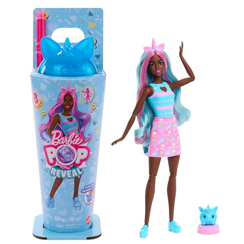 Barbie Pop Reveal Set aus Puppe und Accessoires, Shakes-Serie, duftende Einhorn-Modepuppe & Haustier, 8 Überraschungen inklusive Farbwechsel, JCN86