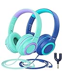 [2 Pack] iClever Kids Headphones with Microphone - 94dB Safe Volume Limited- Wired Headphones for Kids Teens with Sharing Splitter, Tangle-Free Foldable Stereo Headset for School/Tablet/Travel/Mp3/4