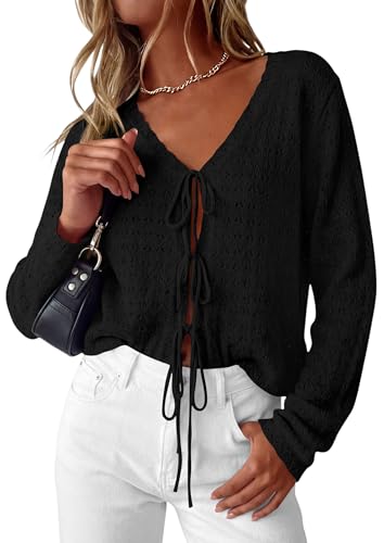 PRETTYGARDEN Womens Tie Front Cardigan Summer 2026 Long Sleeve Crochet Sweaters Cardigan Boho Cover Up Beach Vacation Clothes(Black,Large)