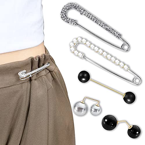 Qkari 5 Pcs Jeans Button Pins，Fashion Pearl Brooch，No Sewing, Detachable Jeans Button Pins，Sweater Cape Clip Pearl Brooch Waist Pants Extended Safety Pin. (Black White Pearl) #TOP2