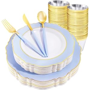 150pieces Baby Blue Plastic Plates with Gold Rim – Disposable Gold Plastic Silverware With Blue Handle-Baroque Light Blue&Gold Disposable Plates Dinnerware for Wedding/Party/Baby Shower