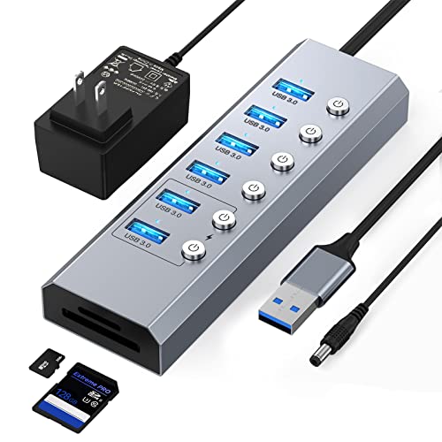 Powered USB 3.0 Hub, Elecife 8-Port Powered USB Hub, Aluminum USB Splitter with 6 USB 3.0 Data Ports, SD/TF Card Readers, Individual On/Off Power Switches and 5V/3A Power Adapter, for PC and Laptops