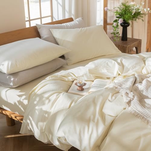 MooMee Bedding Duvet Cover Set 100% Washed Cotton Linen Like Textured Breathable Durable Soft Comfy (Solid Cream White, Oversized King Plus 128"x120") by MooMee - Image 8