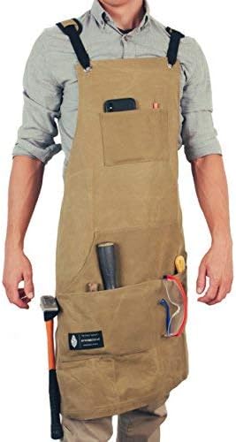 Waxed Canvas Apron –Heavy Duty Woodworking & Machinist Shop Apron with Tool Pockets – Utilities & Tools Apron with Padded Straps & Quick Release Fastener- Adjustable M to XXXL - 16 OZ