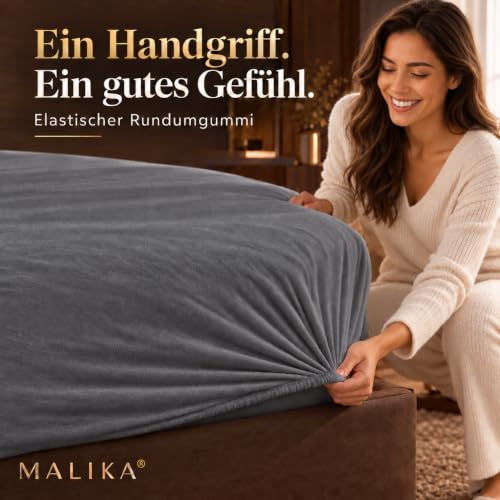 Foto von MALIKA® Premium warme Spannbettlaken Cashmere-Touch Bettlaken Jersey Fleece Spannbetttuch Laken, Farbe:Anthrazit, Größe:140-160 x 200 cm