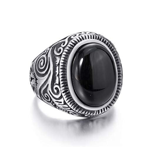 Elfasio Men Natural Oval Black Onyx Rings Stainless Steel Ring Jewelry Size 10 #TOP2
