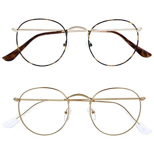 OPULIZE Sol - Lesebrille 2er Pack Blaulichtfilter Runder Metall Retro Rahmen Verbessern Den Schlaf Computer Gaming Entspiegel Braun Gold Herren Damen BB94-29 +1.00