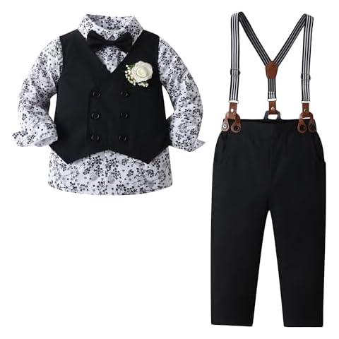 Boarnseorl Baby Boys Pants Sets,Infant Shirt+Pants+Bow Tie+Vest+Suspenders+Boutonniere,Toddler Little Kids Wedding Outfits,12-18M Cover
