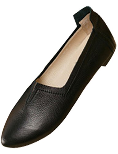 Youlee Damen Höcker Schuhe Leder handgefertigt Flache Schuhe Schwarz EU 34/CH 35
