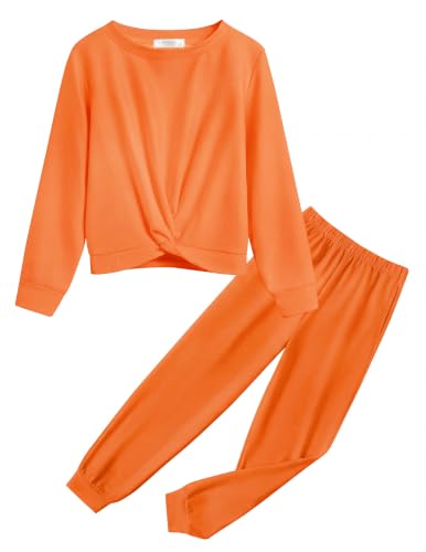 Image of Arshiner Girls 2 Piece Outfits Fashion Fall Tracksuit Sweatsuit Sets | Twist Front Long Sleeve Pullover Sweatshirt and Jogger Sweatpants with Pockets