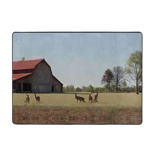 Farm with Deer Print Living Room Anti Slip and Absorbent Carpet, Indoor Bedroom Bed Floor Mat, Ultra Soft Washable Carpet 80x58 in