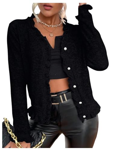Verdusa Womens Ruffle Trim V Neck Button Down Long Sleeve Knit Cardigan Sweater Black Large
