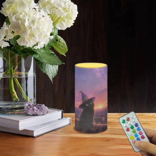 Image of Poceacles Flameless Candle Electric LED Lights with Timer Remote Color Lights, 3 AAA Batteries Operated (Not Include) Tealight for Home Indoor Halloween Decor, Wizard Hat Black Cat Galaxy Violet