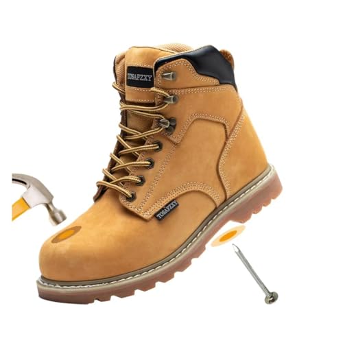 Image of TOSAFZXY Work Safety Boots for Men Durable Crazy-Horse Leather Indestructible Steel Toe Waterproof and Non-Slip Better Warmth Men Work Shoes Yellow 7.5