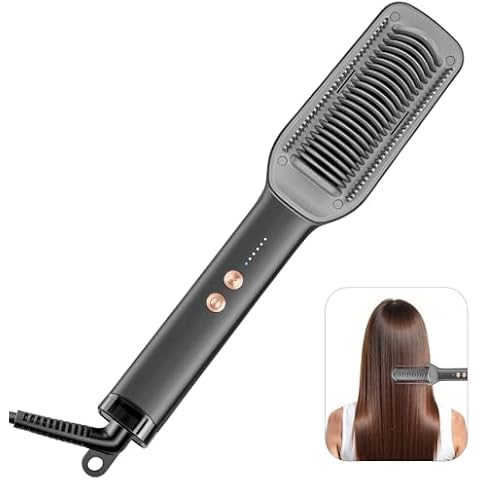 PathVenture Hair Straightener Brush,2000 Ionic Hair Comb Straightening Brush for Women with 5 Temps 20s Fast Heating Dual Voltage,Anti-Scald Flat Iron Comb for Curly Hair-Gray Cover