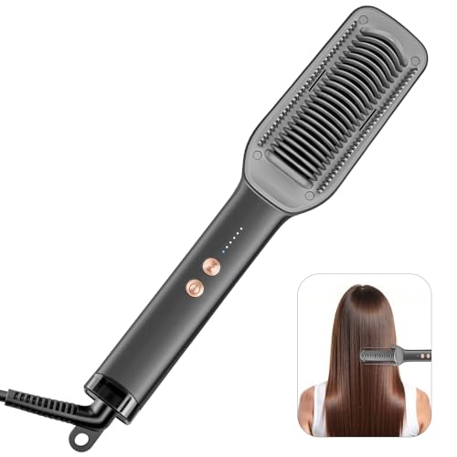 PathVenture Hair Straightener Brush,2000 Ionic Hair Comb Straightening Brush for Women with 5 Temps 20s Fast Heating Dual Voltage,Anti-Scald Flat Iron Comb for Curly -Gray -  pv-gr