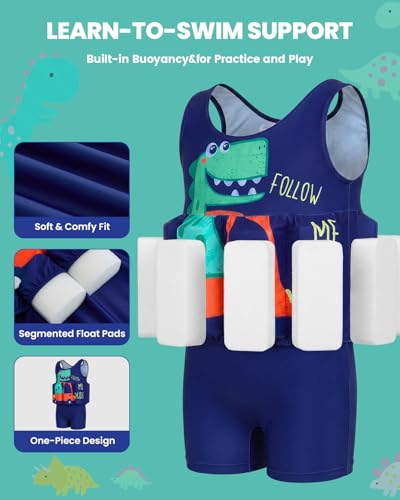 Image of DivingBirds Toddler Floatie Swimsuit with Hat for Boys Girls, Sleeveless Swim Suit with Floatation, 1-6Y