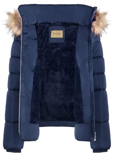BodiLove Women's Puffer Jacket with Removable Faux Fur Hood and Zipper Navy L4