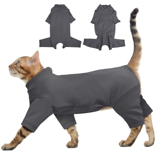 DENTRUN猫 服 猫用 ロンパース パジャマ 猫の服 舐め防止 伸縮性 軽量 快適 柔らかく肌に優しい ペット服 皮膚保護服 通気性 猫術後ウェア 通年着(グレー, L)