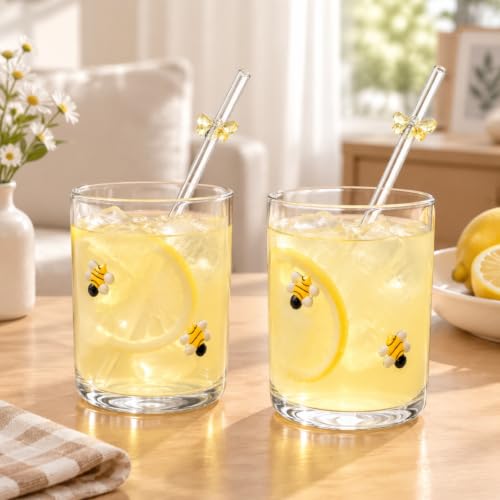 Skylety 2 Set Bee Icon Juice Glass Cups with Straw, 14 oz