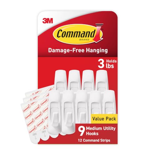 Command Utility Hooks White Holds 3 lbs Decorate without Tools 9 Hooks 12 Strips Value Pack eCommerce packaging (GP001-9NA)