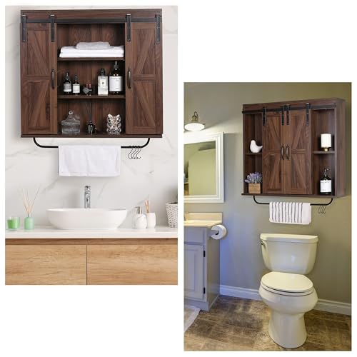 Image of RUSTOWN Farmhouse Bathroom Wall Cabinet with Sliding Barn Door & Towel Rack