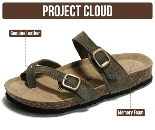 Image of Project Cloud 100% Genuine Leather Womens Sandals -Lightweight Womens Slides Memory Foam Insole & Cork Footbed Sandals Women - Non-Slip Beach Essentials Summer Sandals for Women 2026 (Lian)