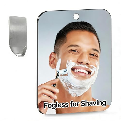 Large Shatterproof Fogless Shower Mirror for Shaving (10x8 Inch Large) No-Fog Waterproof Wall Mounted Bathroom Accessory, Hanging Anti-Fog Shaving Mirror for Men, Perfect for Camping and Travel Use
