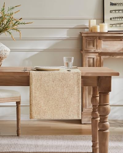 Image of ZeeMart Burlap Style Farmhouse Table Runner, 14x60 Inches Oatmeal Beige | Thick Durable Fabric, Mitered Corner Design, Rustic Woven Dining Table Runner, Machine Washable Everyday Table Scarf