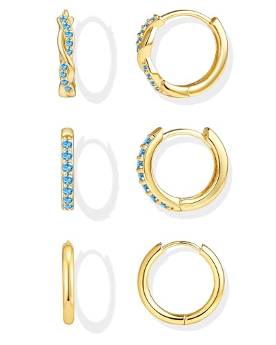 Inerney Gold Blue Topaz Huggie Hoop Earrings Set for Women, Dainty 14K Small London Blue Earring Hypoallergenic Jewelry for Multiple Piercings, Trendy Twisted Cartilage Hoops December Birthstone Gift