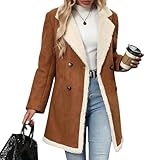 chouyatou Women's Winter Notch Lapel Double Breasted Peacoat Sherpa Fleece Lined Faux Suede Jacket Coat (Medium,Brown)