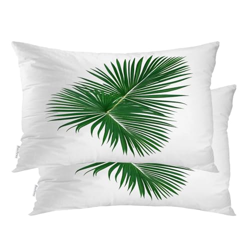 Baonews Green Leaves White Background Pillowcases, Palm Leaves On Plain Bed Pillow Cover Digital Blended Hidden Zipper for Hair Skin Lumbar 20X26 in 2 Pcs