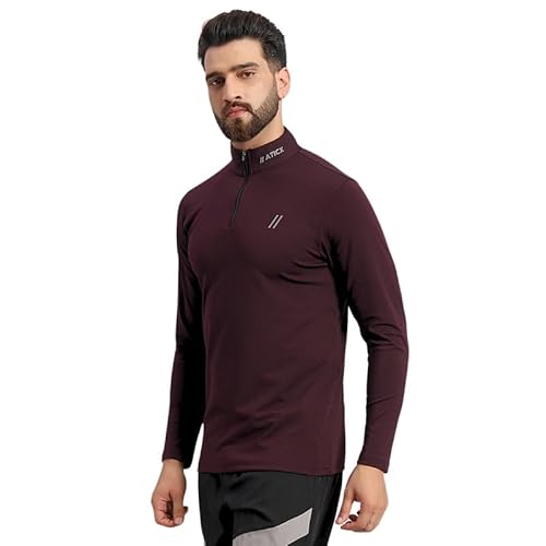 ATICX Polyester Full Sleeve Compression High Turtle Neck Sports Jersey T Shirt for Men - Quick Dry Fit Gym Workout Top for Running, Swimming, Training, Cycling, Football, Badminton, Raisin Wine, XL