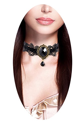 Youniker Retro Handmade Choker Necklace For Women Gothic Black Lace Necklace For Halloween Punk Costume Party Royal Court Vampire Choker Pendant Chain(Black) #TOP3