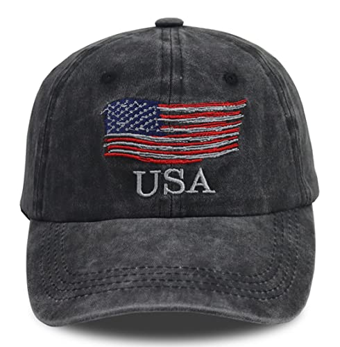 American Flag Hat For Men Women, Fourth Of July Accessories Usa Baseball Cap, Embroidery Adjustable Washed Vintage Cotton Merica Military Ball Cap, America Patriotic Army Gifts For Man, Woman Black #TOP3