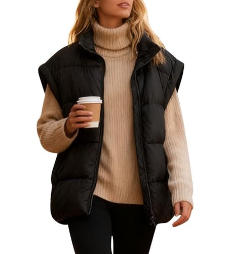Rave on Friday Weste Damen Herbst Leichte Steppweste Stehkragen Ärmellos Westen Freizeit Warme Reißverschluss Übergangsweste Jacke Damenwesten Schwarz M