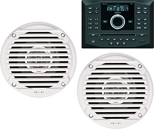 Jensen Bundle of JWM62A and MS5006WR; JWM62A is an AM FM DVD CD USB AUX App Ready Bluetooth Wall-Mount Stereo with App Control; MS5006WR is a Pair of 5.25