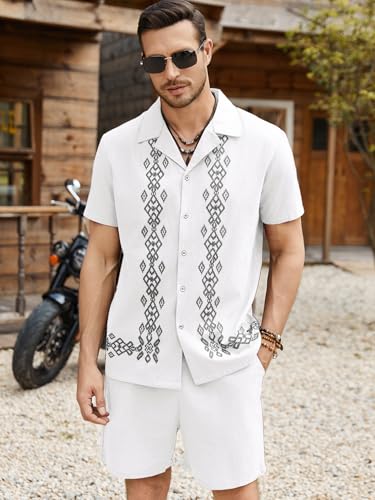 Daupanzees Men's 2 Pieces Shirt Sets Beach Guayabera Outfit Button Down Shirts and Shorts Casual Cuban Embroidered Sets2