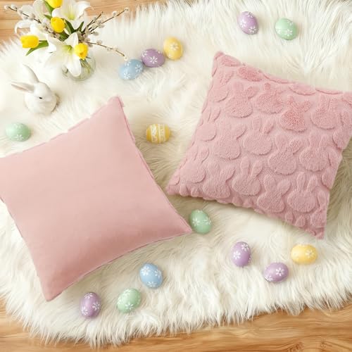 decorUhome Easter Bunny Pillow Covers 16x16 Inch Set of 2, Soft Plush Faux Wool Jacquard Pink Rabbit Cushion Covers, Farmhouse Neutral Spring Easter Holiday Decor for Couch Sofa Bed — view 6
