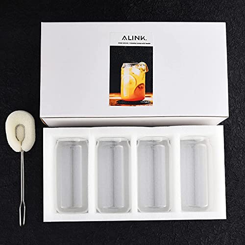 Alink 4-Pack Large Beer Can Glasses, 20 Oz Can Shaped Drinking Glasses, Bubble/Boba Tea Cup Tumbler For Iced Coffee, Soda, Plus 1 Sponge Brush #TOP6