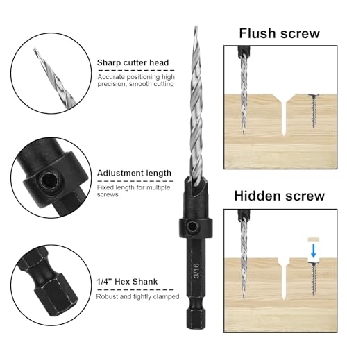 Valkynos Countersink Drill Bit Set 5Pcs #4#6#8#10#12 Tapered Drill Bit for Wood Working, Counter Sink Drill Bit for Wood, 1/4” Hex Shank Drill Bit Set Quick Change, Includes 1 Allen Wrench