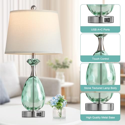 Hamucd Coastal Glass Table Lamps Set of 2, 3-Way Dimmable Touch Control Nautical Lamp with USB A+C Ports,Bedside Lamps Beach Decor, Modern Nightstand Lamps with 2 LED Bulbs for Bedroom Living Room - Image 5