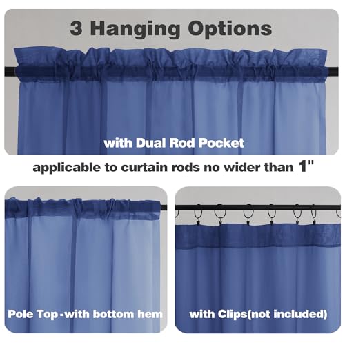 Image of Chyhomenyc Royal Blue Sheer Valances for Windows - Light Filtering Small Kitchen Curtains, Rod Pocket Short Top Window Treatment Decor for Living Room Bathroom Basement, 42Wx16L inches, 2 Panels