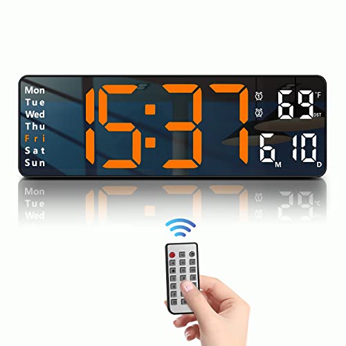 Image of JoFomp Digital Wall Clock - Large 13 Inch LED Display, Alarm, Remote Control, Automatic Daylight Saving Time, Brightness, Date, Week, Timer, Temperature - 12 /24H - for Living Room, Bedroom (Orange)