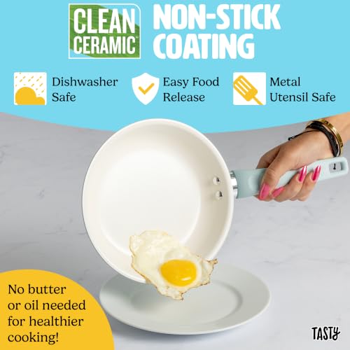Tasty Ceramic Pots and Pans Set, Healthy Nonstick Cookware Set, Soft Touch Stay Cool Handles, Made without PFAS, PFOA, PFOS and PTFE, Even Heating, Dishwasher Safe, 12-Piece, Aqua by Tasty - Used condition - Image 3