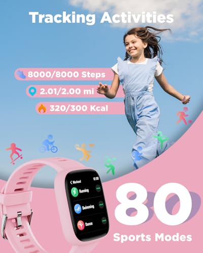 BIGGERFIVE Inteligentny zegarek dla dzieci, zegarek fitness 4,6 cm, krokomierz, tętno, wodoodporność IP68, monitor snu, licznik kroków kalorii, 5 gier logicznych z/bez aplikacji dla dziewcząt i