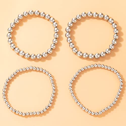 Xerling 4Pcs Silver Beaded Bracelets For Women Ball Chain Bracelets For Teen Girls Stretchable Elastic Bracelet Light Weight (Silver Ball) #TOP3