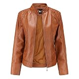 Women's Trendy Faux Leather Jacket Moto Short Jacket Fashion PU Jacket Coat (XL, Brown)