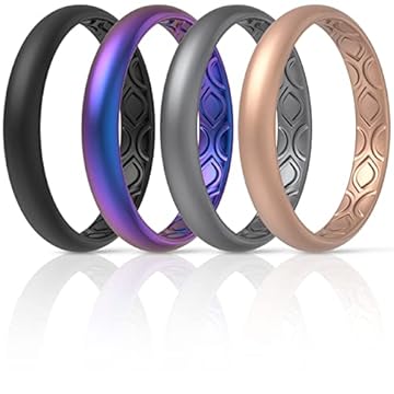 ThunderFit Aliança de casamento feminina respirável com sulcos de ar de silicone 3 mm de largura – 1,5 mm de espessura – 12 anéis/8 anéis/4 anéis/1 anel, Galaxy, preto, ouro rosa, prata escura, 3.5 - 4 (14.9mm)